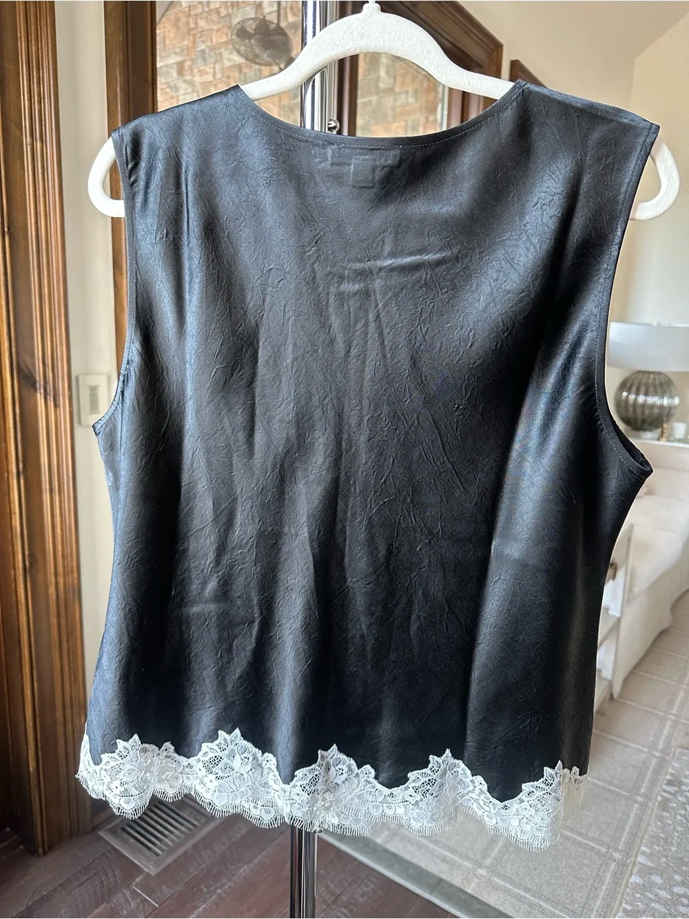 J.CREW Black Textured Satin Tank Top with White Lace Hem